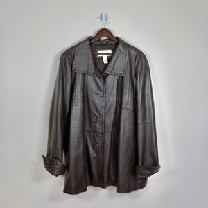 Vintage Veranesi Womens Brown Genuine Leather Button Up Collared Jacket Size 18